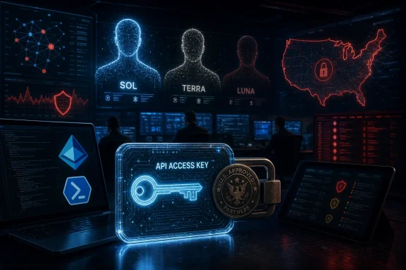 Cybersecurity control room with glowing identity avatars and an API access key secured by a lock.