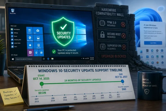 Windows security update support timeline beside a PC showing “security updates” and “upgrade blocked” hardware checks. Windows security update support timeline beside a PC showing “security updates” and “upgrade blocked” hardware checks.