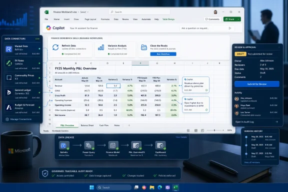 Screenshot of an Excel finance dashboard with workflows, P&L overview, and review/approval panels.