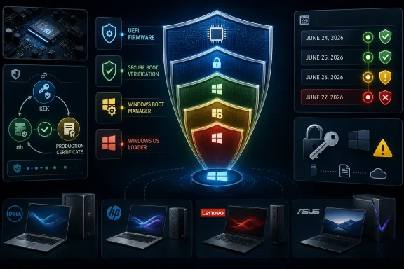 Futuristic secure-boot/UEFI shield diagram with Windows checks and multiple laptop brands.
