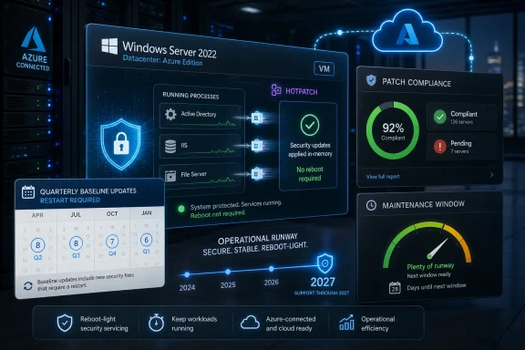 Futuristic data center screen shows Azure Windows Server 2022 patch compliance and secure update status.