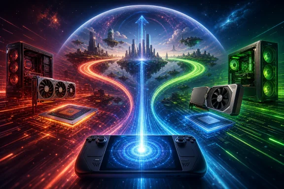 Futuristic game setup showing dual graphics cards and a handheld console projecting red-blue energy across Earth. Futuristic game setup showing dual graphics cards and a handheld console projecting red-blue energy across Earth.