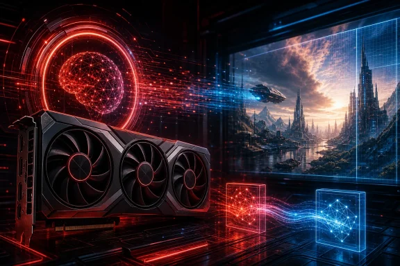Futuristic GPU with glowing red/blue network spheres and a spacecraft over a sci‑fi city backdrop. Futuristic GPU with glowing red/blue network spheres and a spacecraft over a sci‑fi city backdrop.