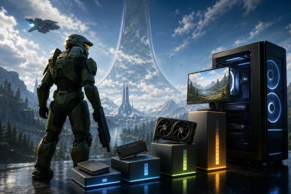 Armored sci‑fi soldier stands beside glowing gaming PCs and a monitor overlooking a snowy mountain sky. Armored sci‑fi soldier stands beside glowing gaming PCs and a monitor overlooking a snowy mountain sky.