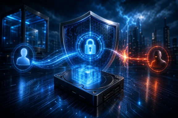 Futuristic cybersecurity shield around a server device, with padlock and attacker icons in a neon cityscape.