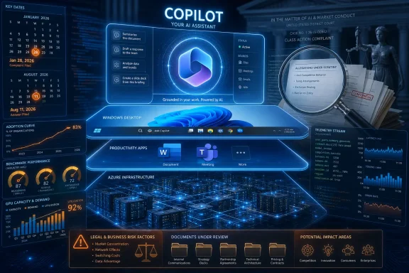 Futuristic Copilot AI dashboard overlays legal analytics, charts, and server data for business operations.