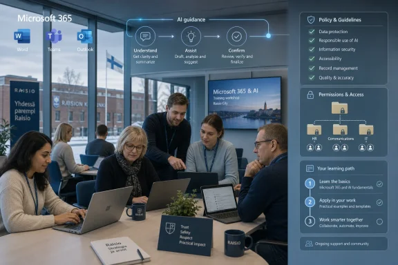 Teams collaborate in a Microsoft 365 & AI training workshop with on-screen AI guidance and policy panels.