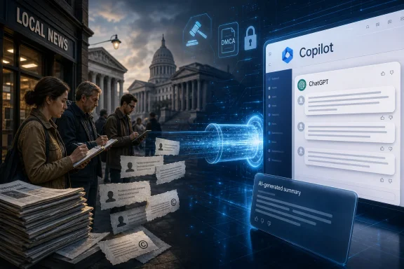 People reading papers outside the Capitol as “Copilot” and AI-driven news holograms appear in front.