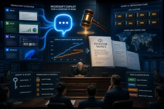 Office courtroom scene with Microsoft Copilot, Azure AI infrastructure, and governance charts on a digital wall.