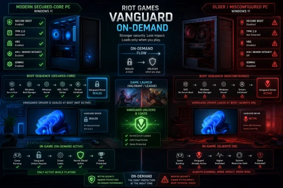 Infographic comparing Riot Vanguard “on-demand” secure-core PC vs misconfigured “always on” older PC.
