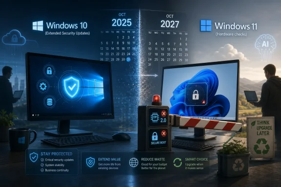 Split-screen cybersecurity ad shows Windows 10 Oct 2025 vs Windows 11 Oct 2027, with secure boot and AI icons. Split-screen cybersecurity ad shows Windows 10 Oct 2025 vs Windows 11 Oct 2027, with secure boot and AI icons.