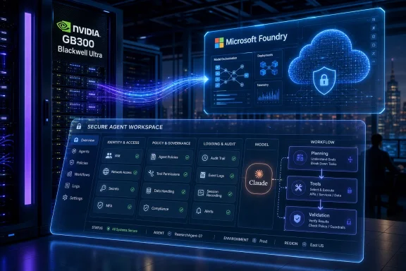 Futuristic server room displays an AI security dashboard with “NVIDIA GB300” and “Microsoft Foundry.”
