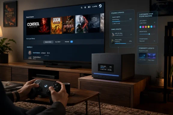 Person playing games on a TV while Steam downloads updates on a glowing PC at home.