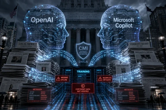 Cybernetic OpenAI and Microsoft Copilot faces hover over a courthouse amid warning labels and scrolling data.