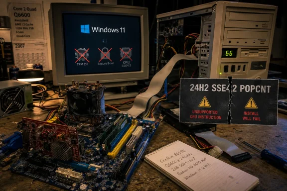 Computer diagnostic setup shows Windows 11/secure boot warnings beside a motherboard with CPU instruction error signs.