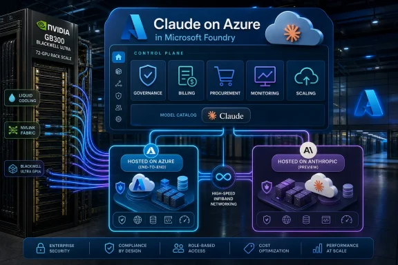 An Azure cloud control panel graphic shows “Claude on Azure” with server hardware and networking icons.