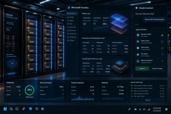 Futuristic data center with server racks and a dashboard showing AI model, governance, and security metrics.