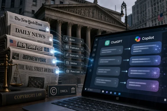 Newspapers and a laptop with ChatGPT/Copilot UI suggest AI-assisted content creation and copyright concerns.