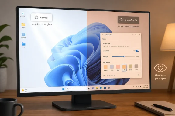 Monitor showing Windows accessibility “Screen Tint” settings beside a blue desktop wallpaper.