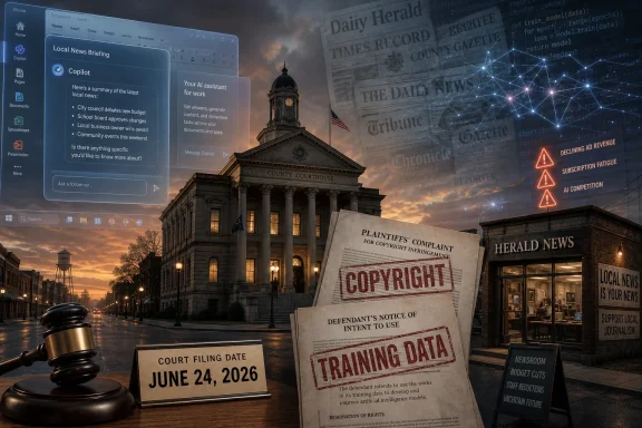 Court steps with “copyright” and “training data” papers amid AI news and network warning overlays.