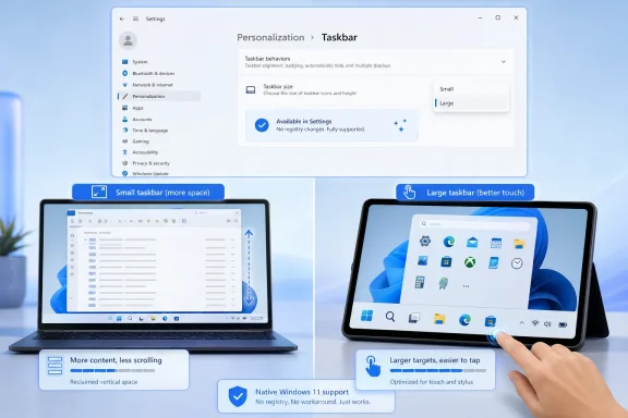 Split-screen shows Windows 11 Taskbar settings with diagrams comparing small vs large touch-friendly taskbars.