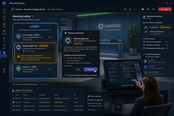 Microsoft Teams meeting lobby interface showing approval and detection of an external automated bot.