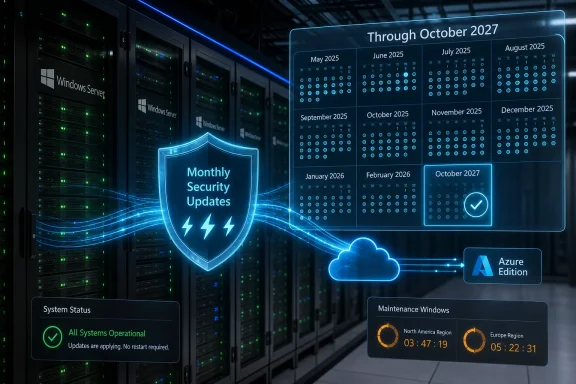 Futuristic server room graphic showing monthly Windows security updates and scheduled maintenance timelines.