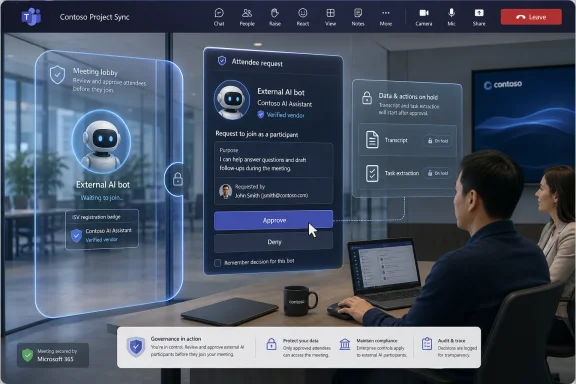 A meeting room shows an external AI bot approval screen with attendant controls and actions on hold.