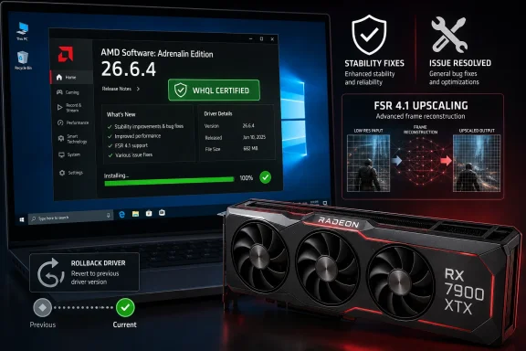AMD Radeon RX 7900 XTX on a laptop screen showing Adrenalin driver update 26.6.4 installing with FSR upscaling.