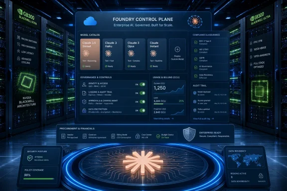 Futuristic server room displays a “FOUNDry CONTROL PLANE” dashboard for AI governance, compliance, and billing.