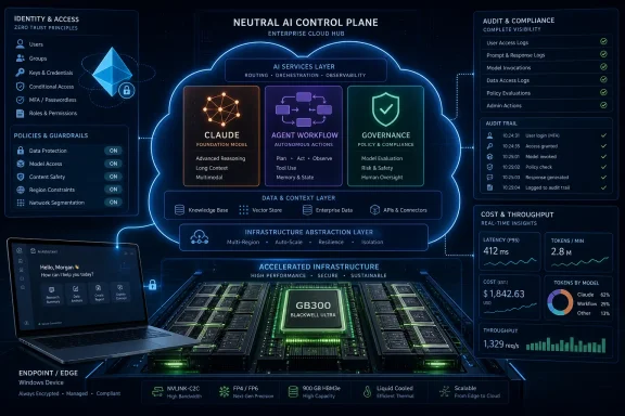 Cloud-based neutral AI control plane diagram with identity, governance, auditing, and high-performance GPU infrastructure.