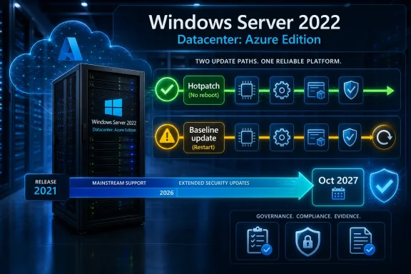 Promotional graphic for Windows Server 2022 on Azure, highlighting Hotpatch and Baseline updates in a datacenter.