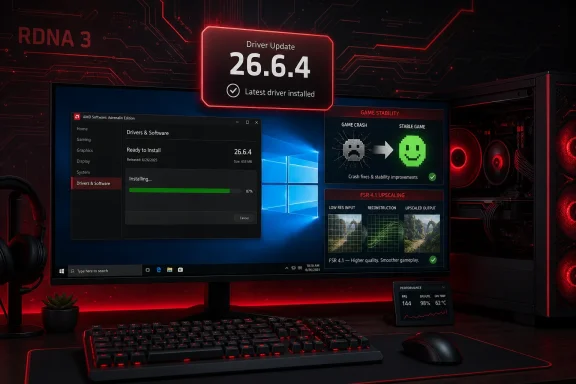 Gaming PC monitor shows a driver update installing version 26.6.4 with stability improvements.