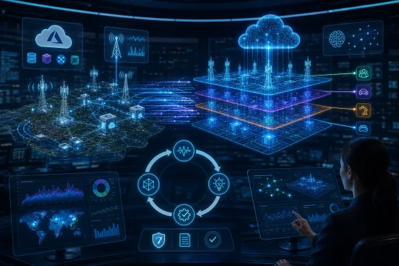 Tech control room scene with glowing cloud and network analytics over a city map, managed by a person.
