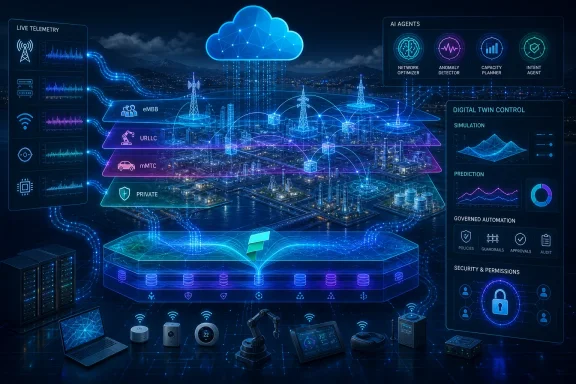 Futuristic digital twin control interface overlays a cityscape with AI, network, and security telemetry visuals.