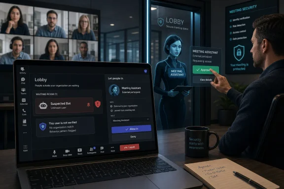 A man approves a suspicious external participant in a virtual meeting lobby security interface.