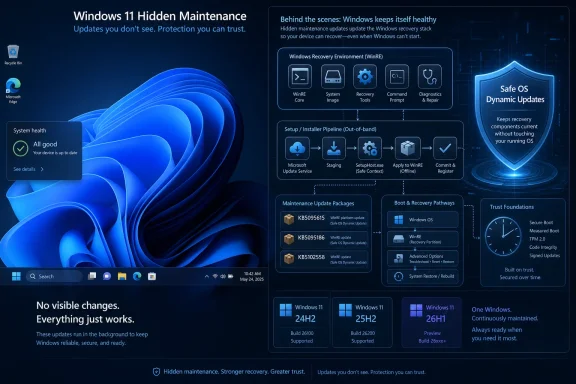 Windows 11 hidden maintenance graphic showing secure recovery and dynamic updates on a blue desktop background.