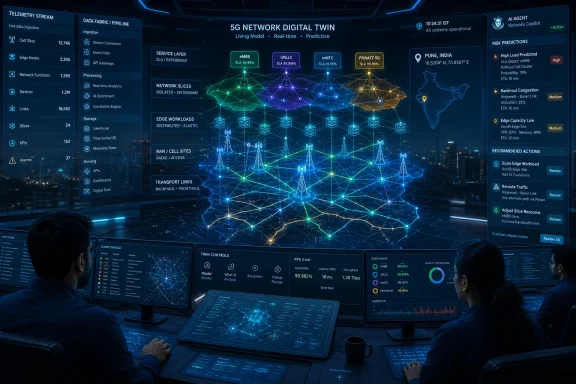 Cyber 5G digital twin dashboard showing live network telemetry, risk predictions, and infrastructure links in a control room.