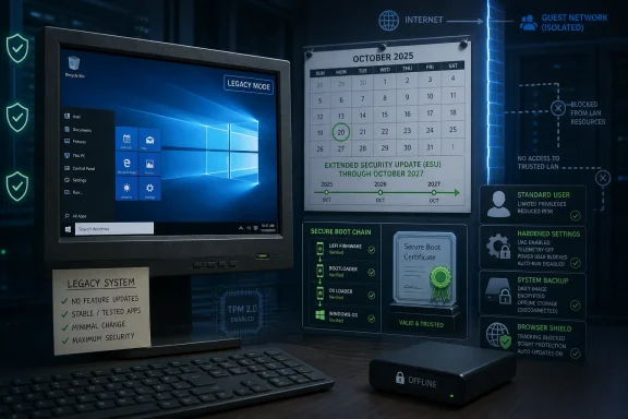 Futuristic cybersecurity dashboard shows legacy OS security features and blocked network access next to a Windows monitor. Futuristic cybersecurity dashboard shows legacy OS security features and blocked network access next to a Windows monitor.