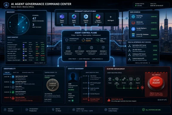 Secure AI agent governance command center dashboard with policy, identity, data sources, and runtime enforcement controls.