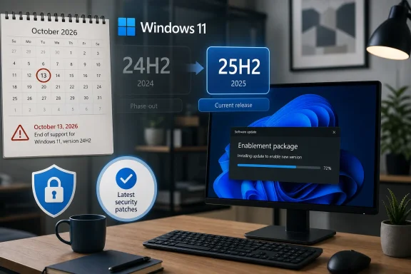 Windows 11 update notice shows 24H2 ending on Oct 13, switching to 25H2, with installation progress on a PC.
