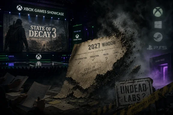 Xbox Games Showcase stage with State of Decay 3 backdrop and a cracked “2027 Window” development timeline.
