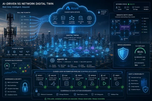 AI-driven 5G digital twin dashboard with network telemetry, analytics, and SLA compliance over a cityscape.