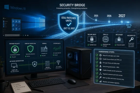 Windows 10 security dashboard shows ESU patches due Oct 12, 2027 with hardening steps, boot and encryption features. Windows 10 security dashboard shows ESU patches due Oct 12, 2027 with hardening steps, boot and encryption features.