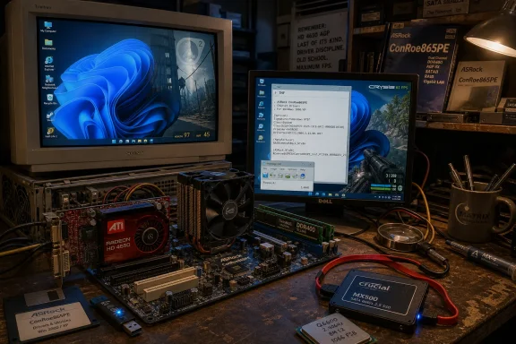 Retro PC hardware setup with dual monitors, graphics card, and SSD on a workbench.
