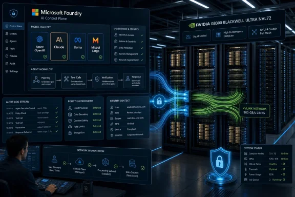 Digital control interface shows Microsoft Foundry AI governance and NVLink GPU server status in a data center.