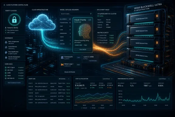 AI cloud platform control dashboard with model catalog, deployment status, and performance charts. AI cloud platform control dashboard with model catalog, deployment status, and performance charts.