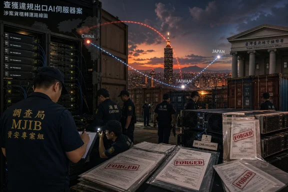 Customs officers inspect servers and cargo at a Taiwan port during a China–Taiwan–Japan network route display.