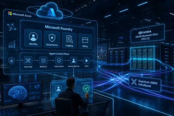 Tech control room with AI cloud dashboard and data center hardware labels for Microsoft Azure and NVIDIA.