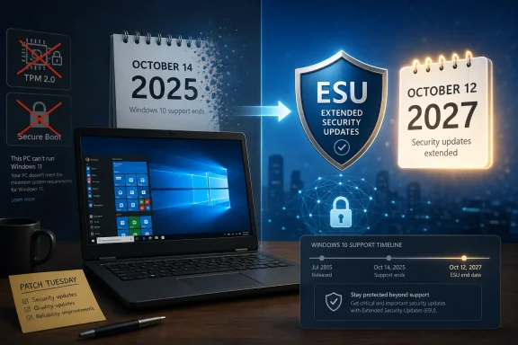 Laptop shows Windows end-of-support dates with ESU extended security updates and patch timeline graphics. Laptop shows Windows end-of-support dates with ESU extended security updates and patch timeline graphics.